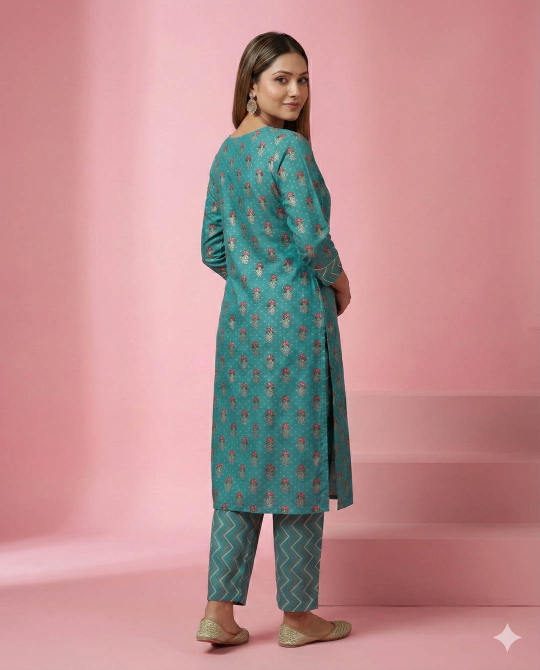 Teal Blue Bandhani Printed Muslin Straight Kurti