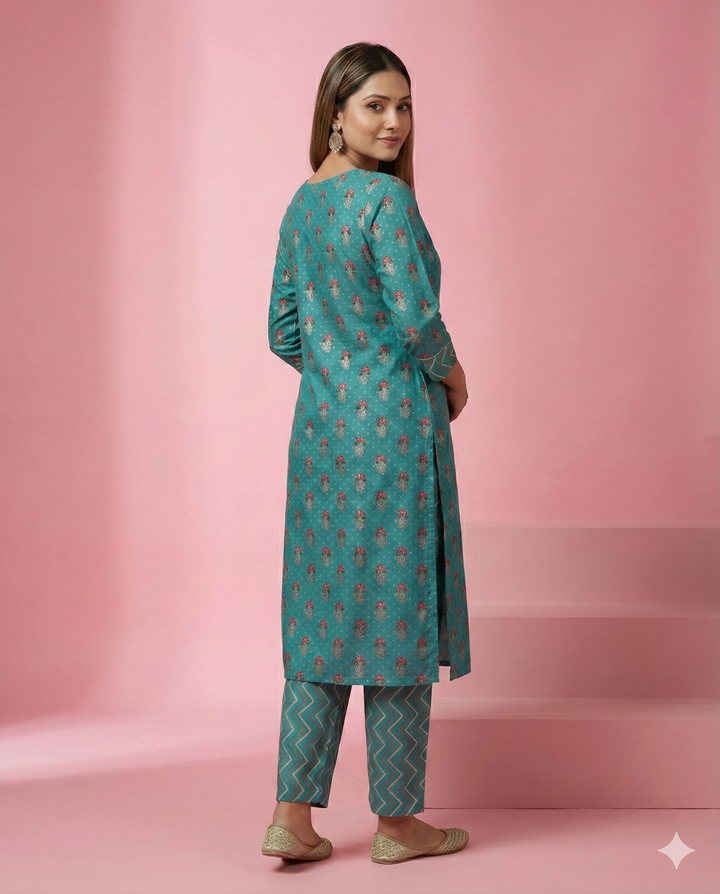 Teal Blue Bandhani Printed Muslin Straight Kurti
