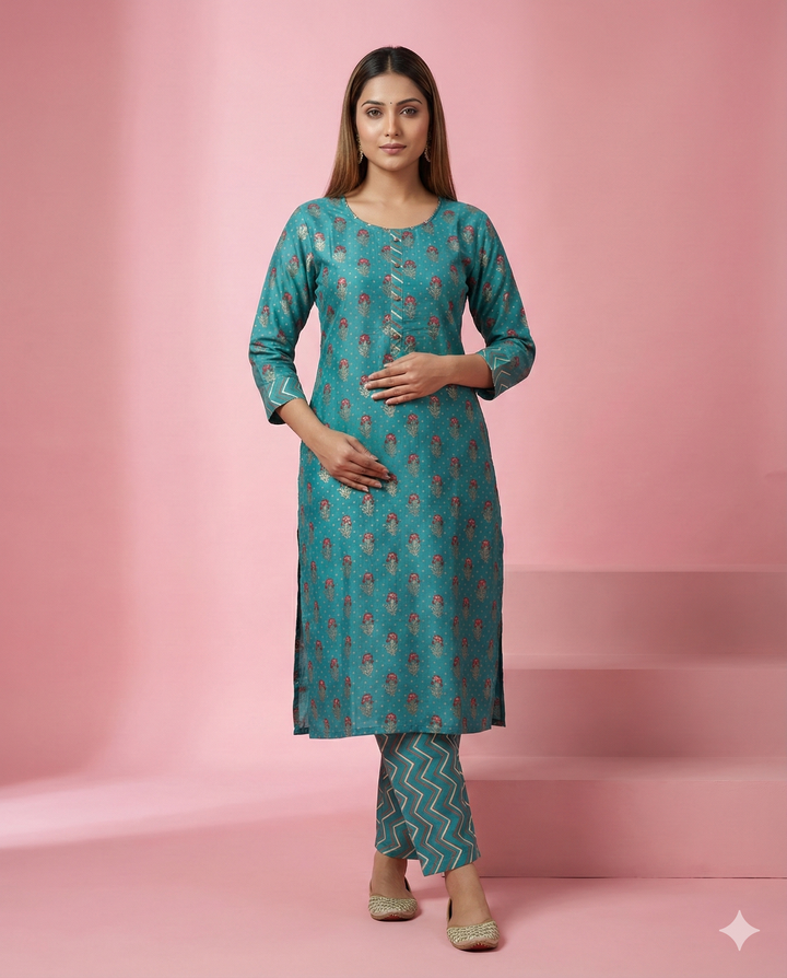 Teal Blue Bandhani Printed Muslin Straight Kurti