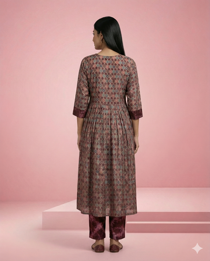 Onion Pink Geometric Printed Modal Chanderi Kurti