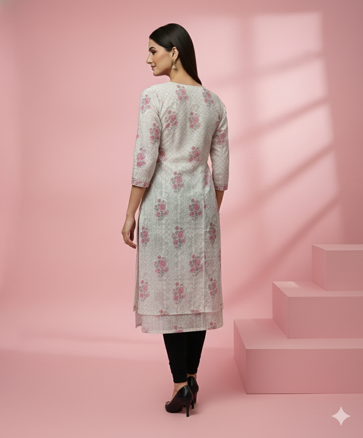 Off White Floral Printed Cotton Dobby Kurti