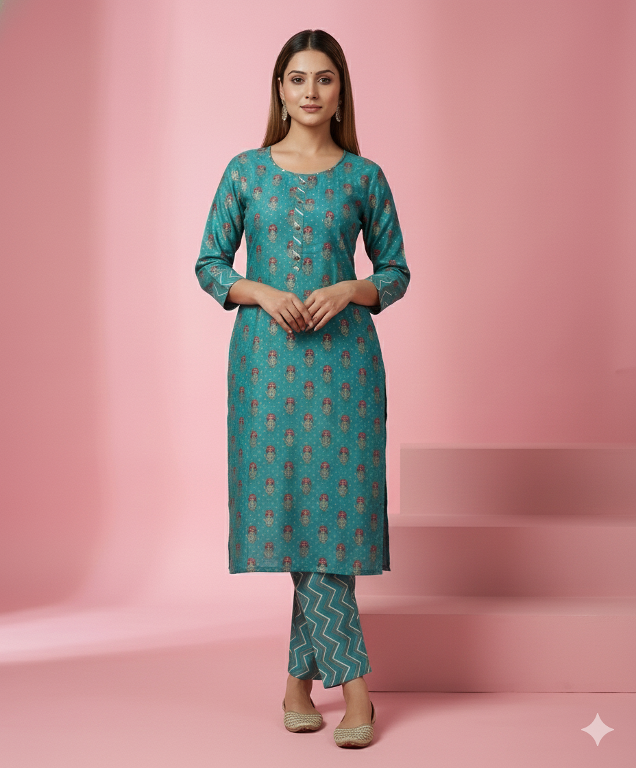 Teal Blue Bandhani Printed Muslin Straight Kurti