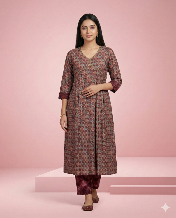 Onion Pink Geometric Printed Modal Chanderi Kurti