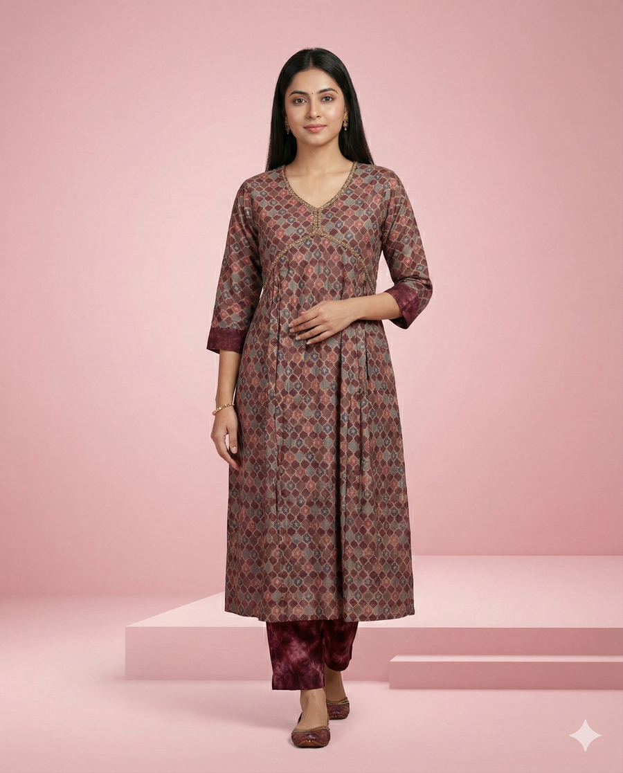 Onion Pink Geometric Printed Modal Chanderi Kurti