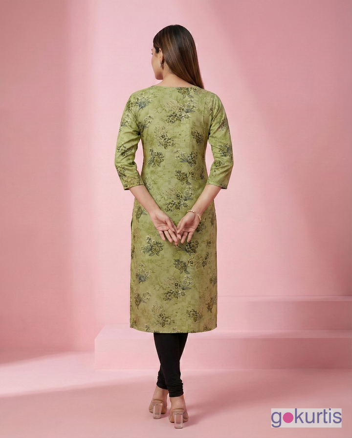 Olive Green Floral Printed Rayon Flair Kurti