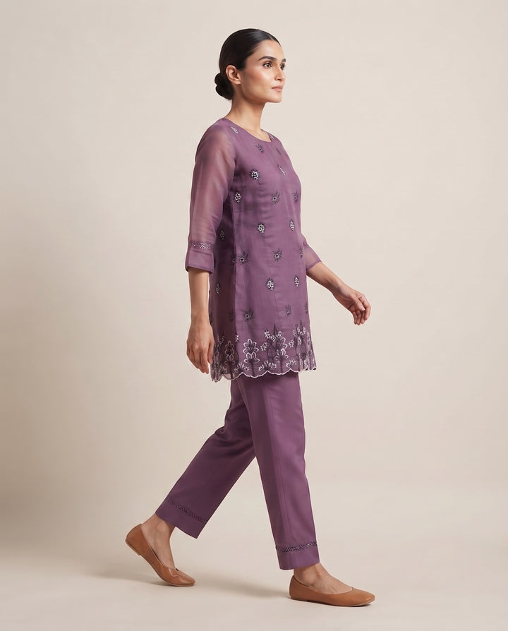 Plum Purple "Amethyst Bloom" Embroidered Cotton Kurta &amp; Pant Set
