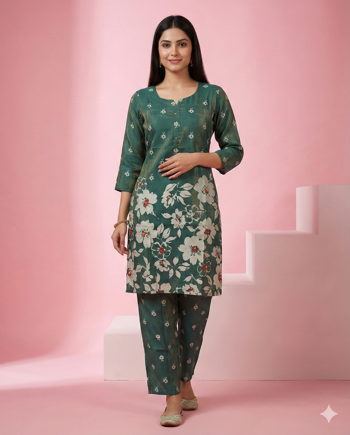 Bottle Green Floral Printed Shimmer Chanderi Co-ord Set