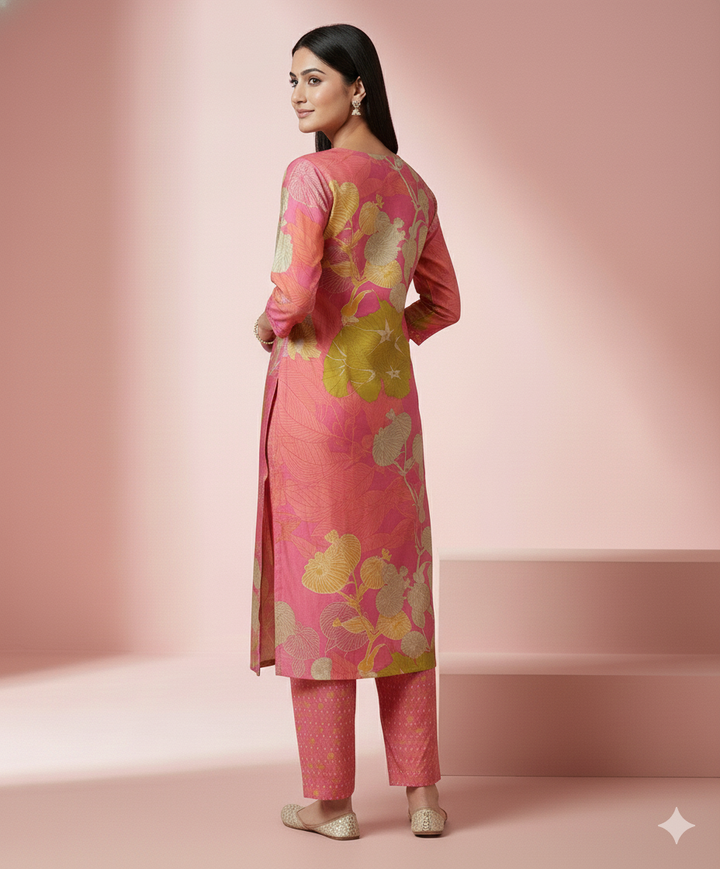 Pink &amp; Lime Floral Printed Modal Chanderi Straight Kurti