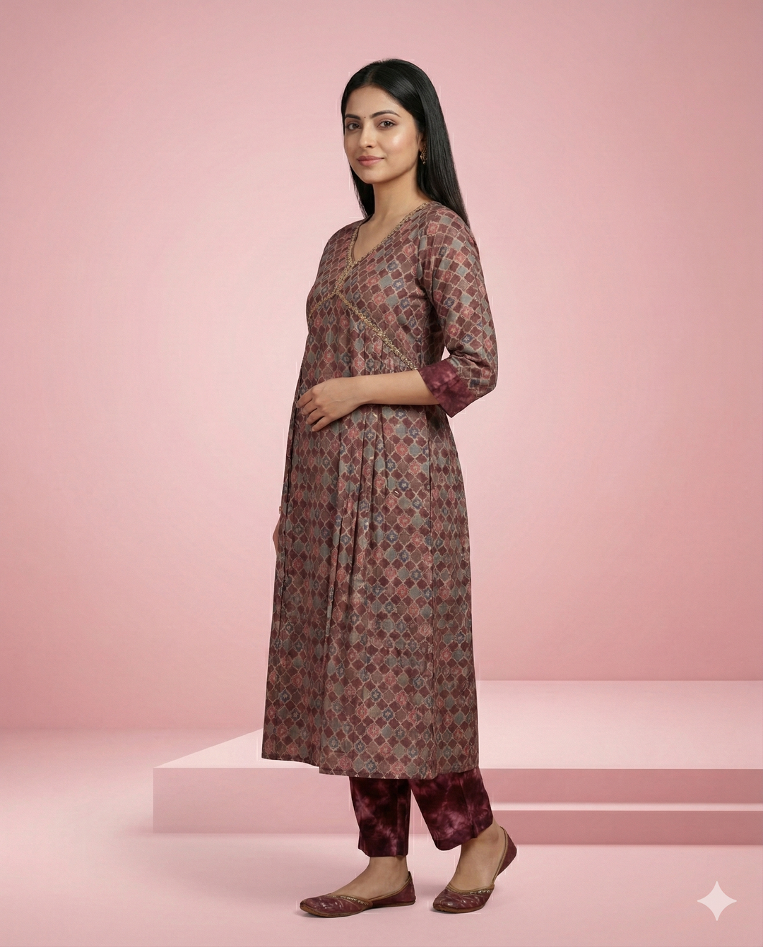 Onion Pink Geometric Printed Modal Chanderi Kurti