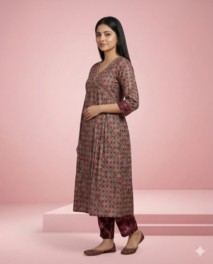 Onion Pink Geometric Printed Modal Chanderi Kurti