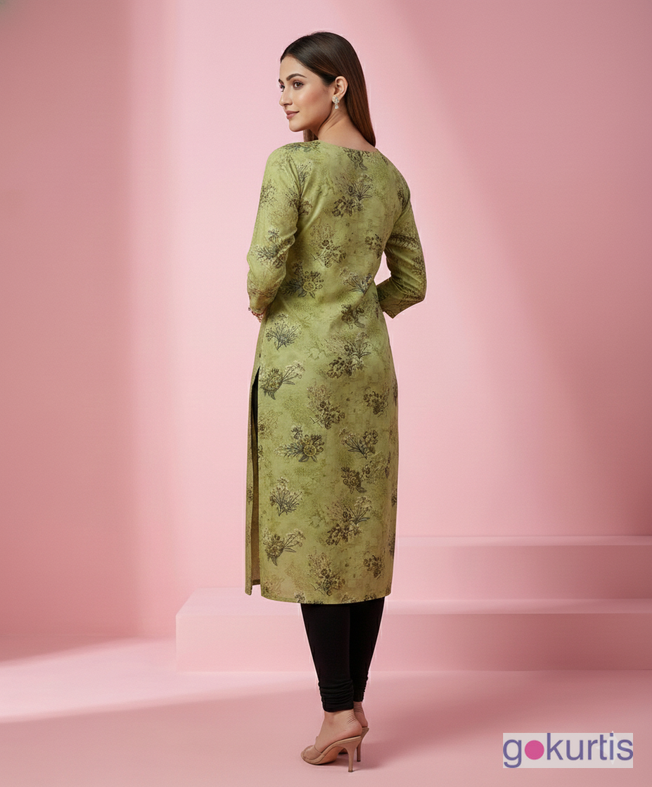 Olive Green Floral Printed Rayon Flair Kurti