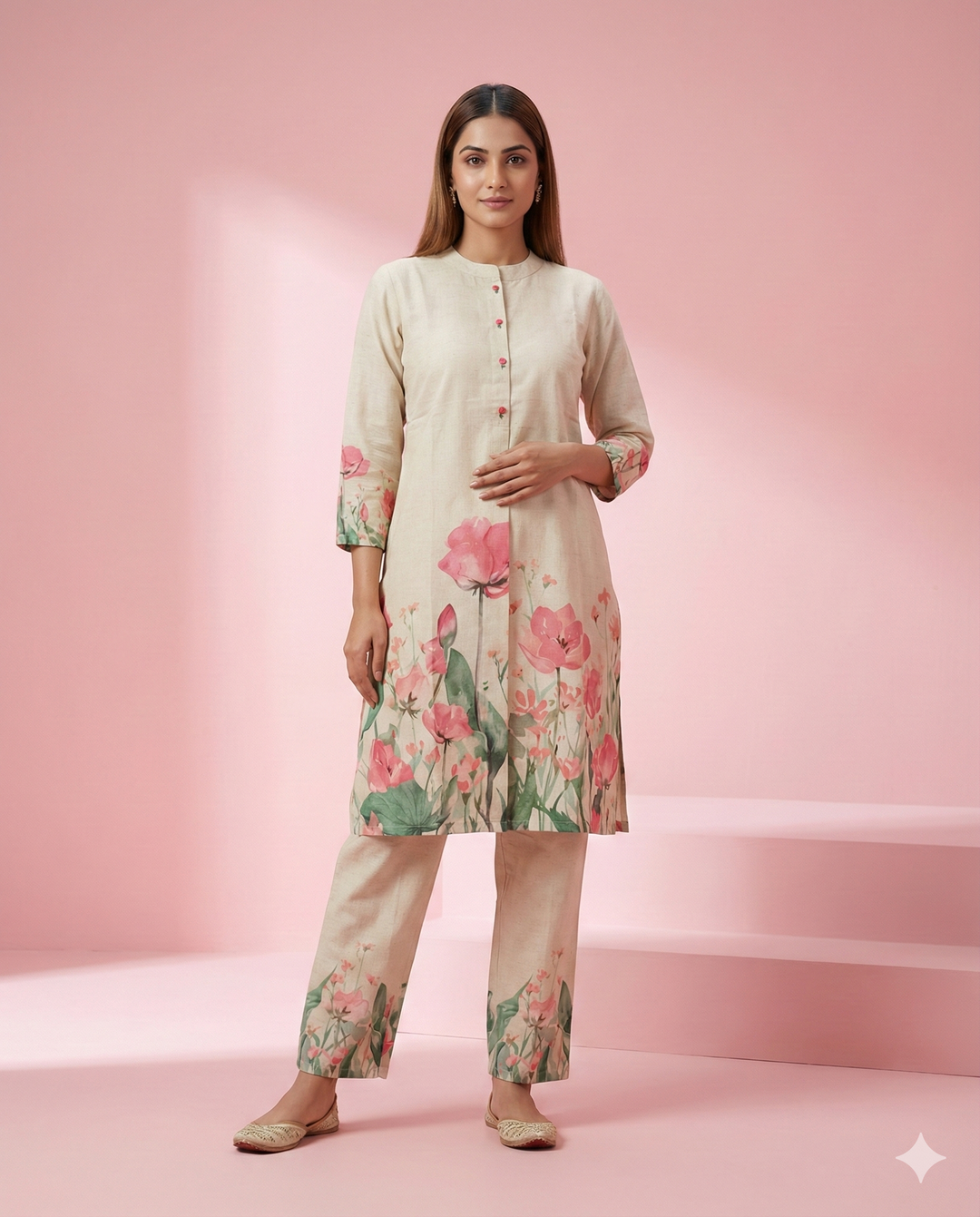Cream Floral Printed Flex Co-ord Set