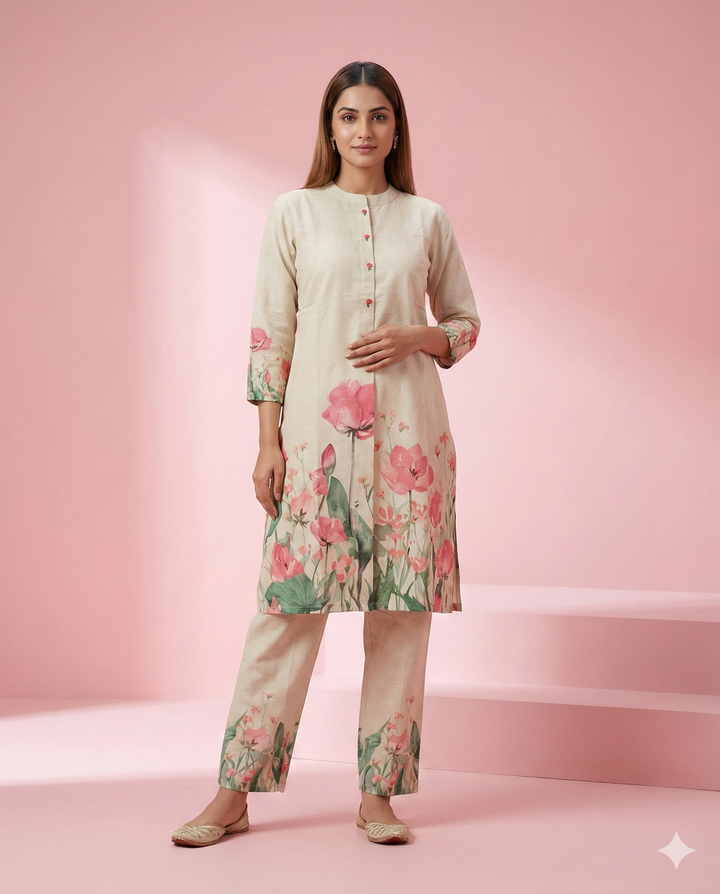 Cream Floral Printed Flex Co-ord Set
