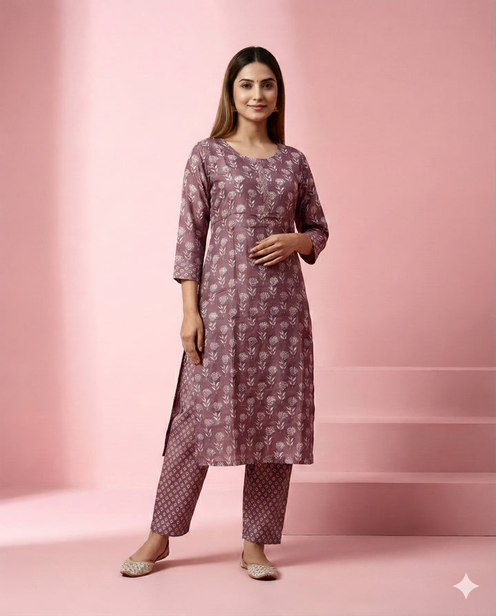 Purple &amp; White Floral Printed Viscose Blend Kurti