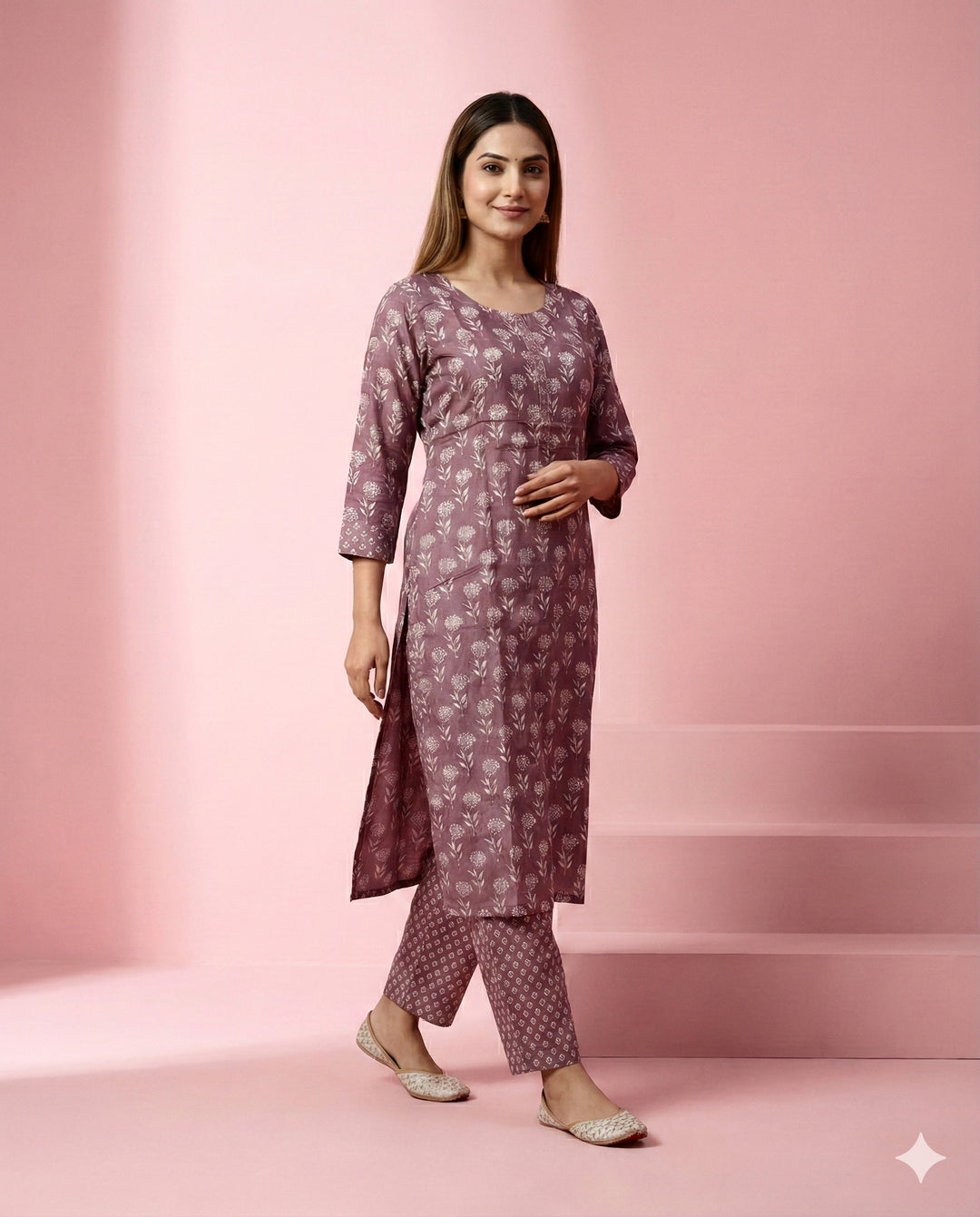 Purple &amp; White Floral Printed Viscose Blend Kurti
