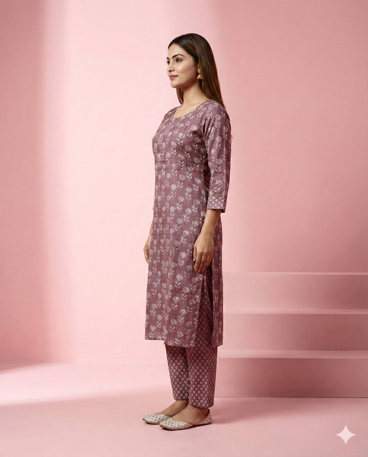 Purple &amp; White Floral Printed Viscose Blend Kurti