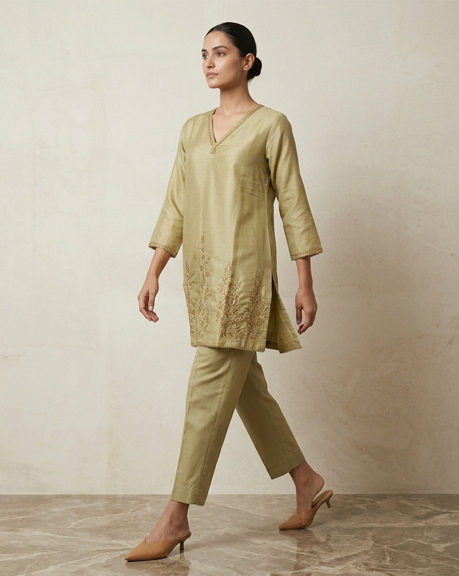 Olive Green "Aura" Embroidered Chanderi Kurta &amp; Pant Set