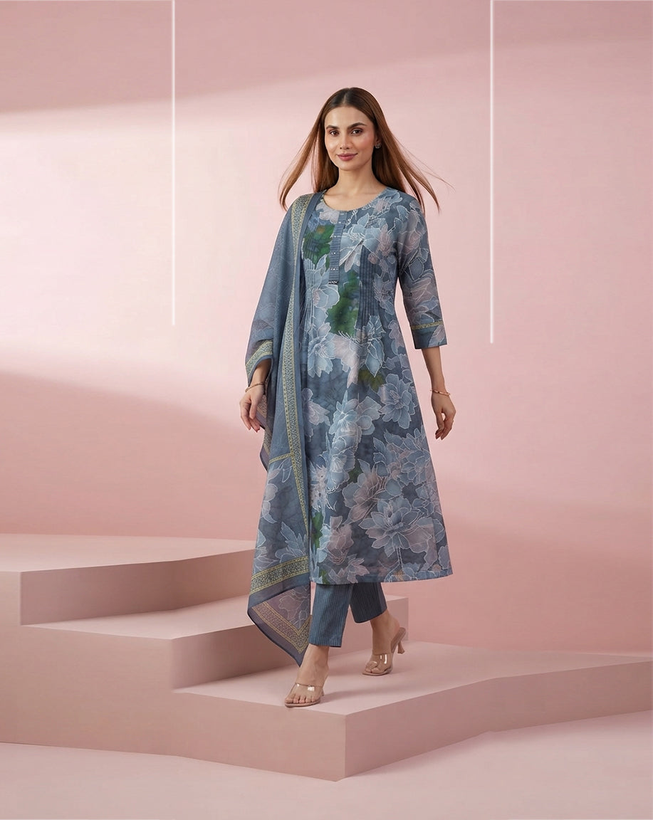 Slate Blue "Botanical" Floral Print Chanderi Kurta, Pant &amp; Dupatta Set
