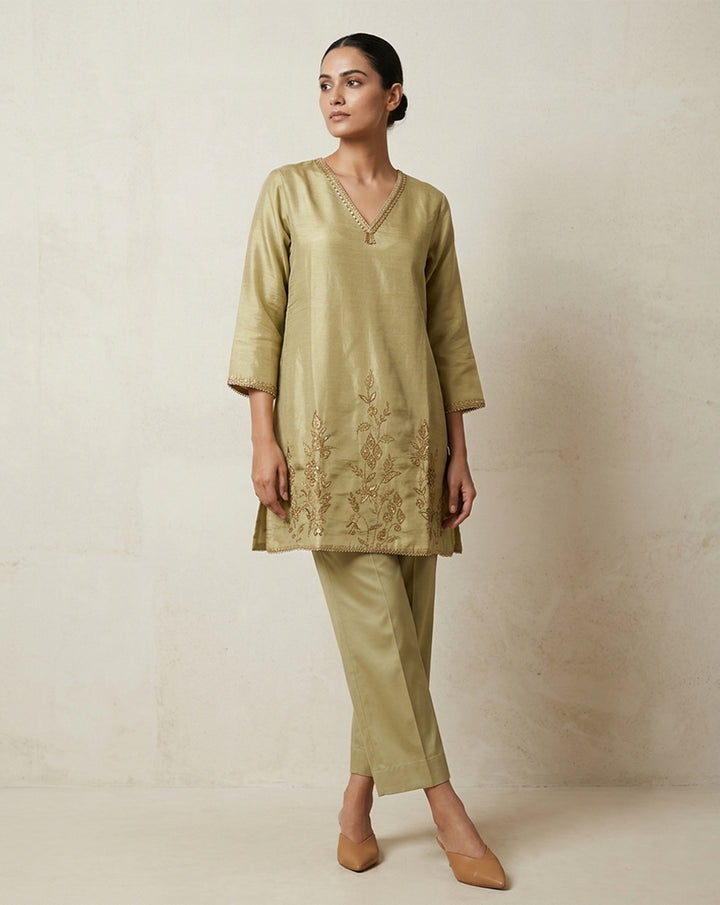 Olive Green "Aura" Embroidered Chanderi Kurta &amp; Pant Set