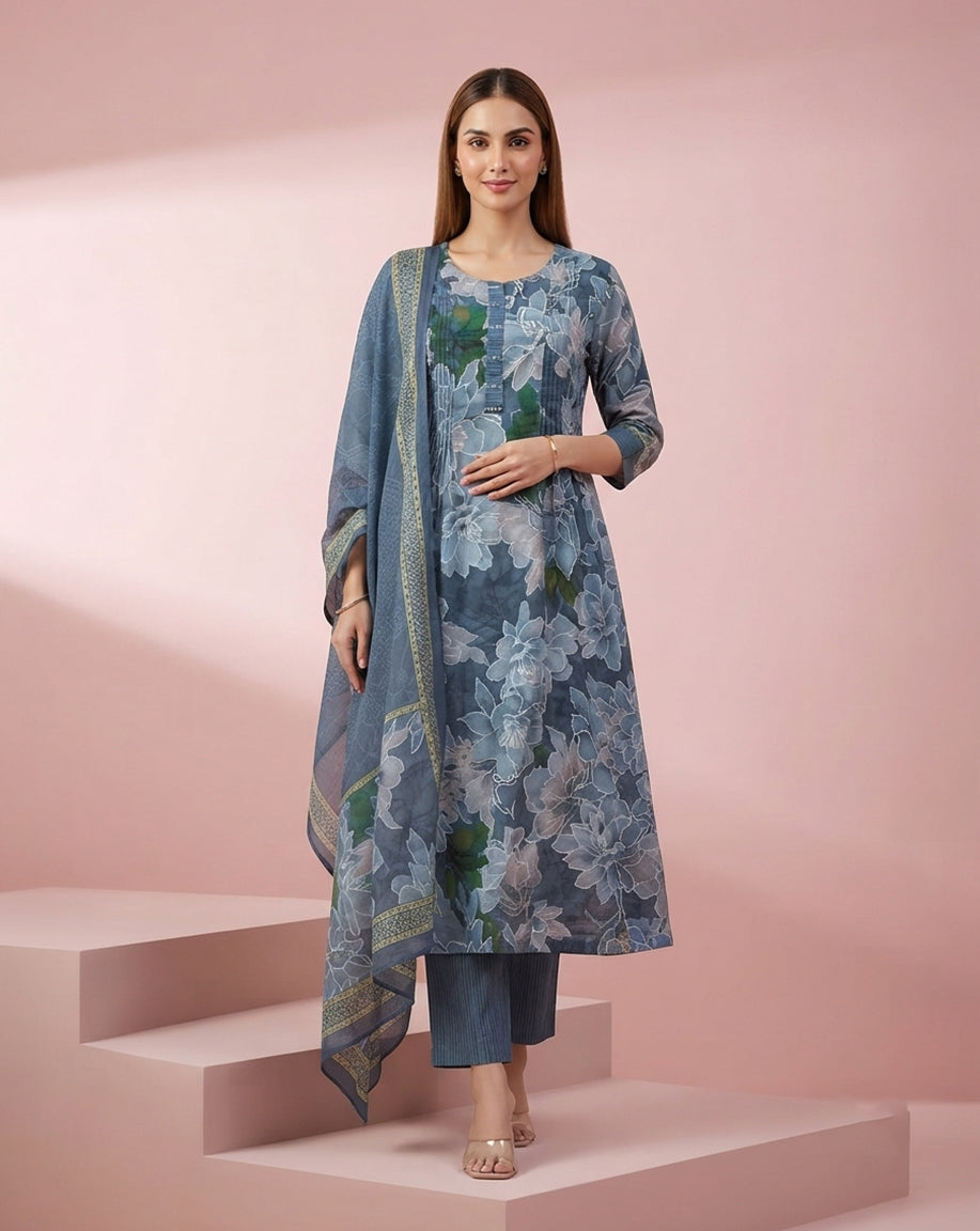 Slate Blue "Botanical" Floral Print Chanderi Kurta, Pant &amp; Dupatta Set