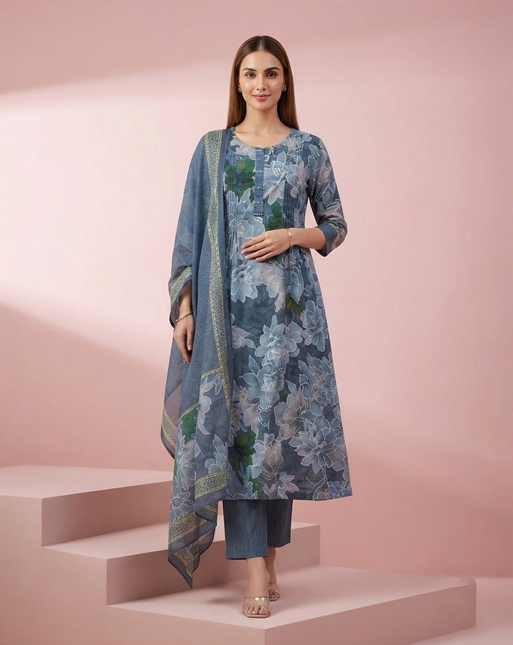 Slate Blue "Botanical" Floral Print Chanderi Kurta, Pant &amp; Dupatta Set