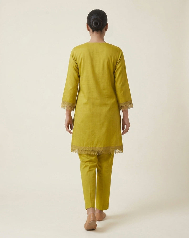 Chartreuse Green "Botanical" Embroidered Cotton Kurta &amp; Pant Set