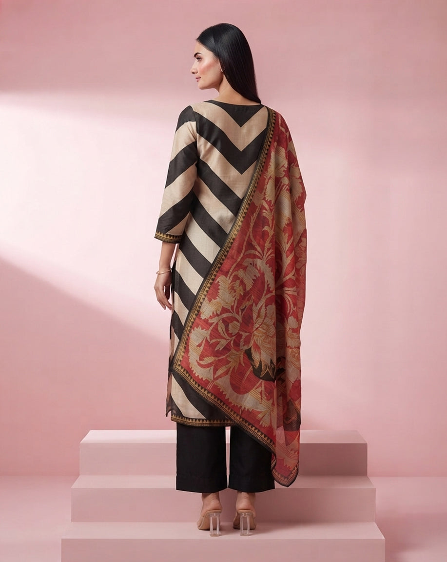 Monochrome "Chevron" Striped Kurta, Pant &amp; Red Floral Dupatta Ensemble