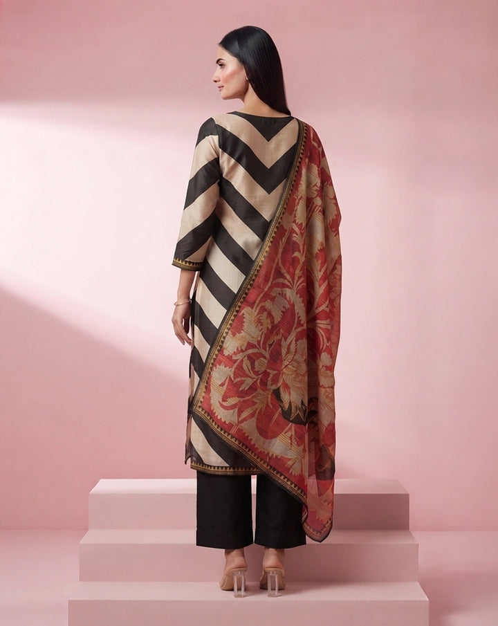 Monochrome "Chevron" Striped Kurta, Pant &amp; Red Floral Dupatta Ensemble