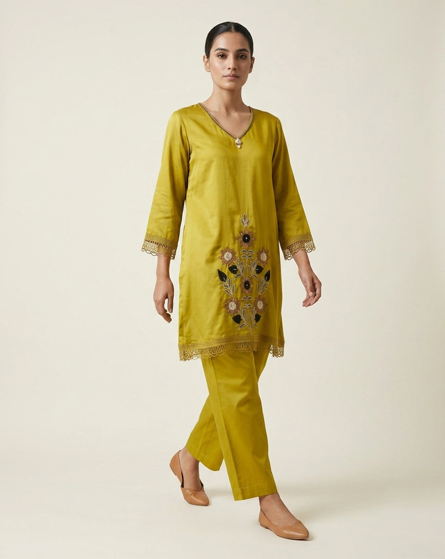 Chartreuse Green "Botanical" Embroidered Cotton Kurta &amp; Pant Set
