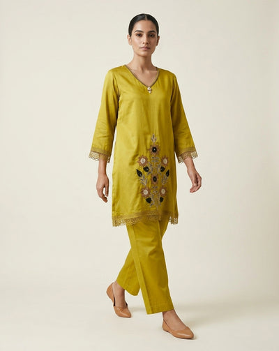 Chartreuse Green "Botanical" Embroidered Cotton Kurta & Pant Set