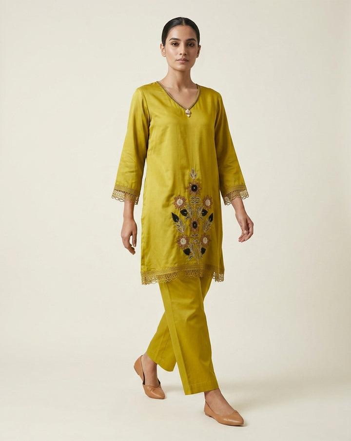 Chartreuse Green "Botanical" Embroidered Cotton Kurta &amp; Pant Set