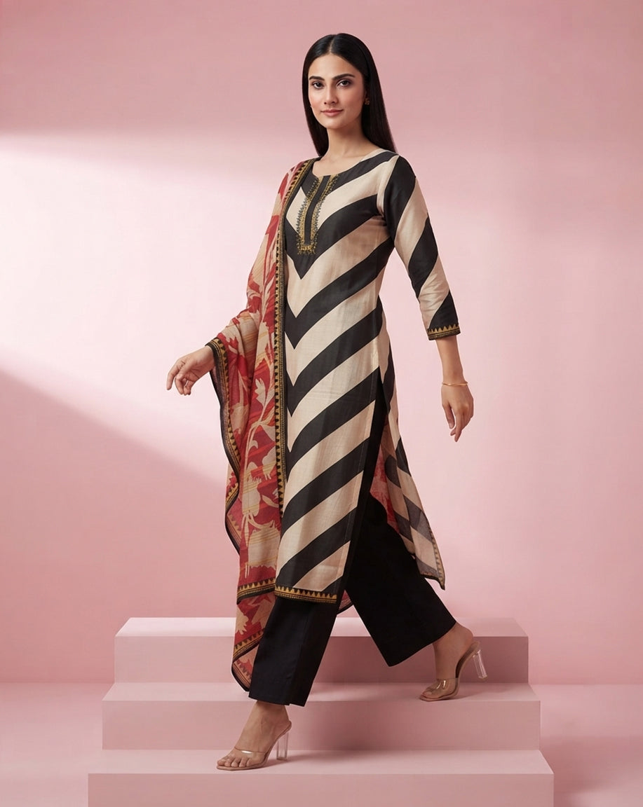 Monochrome "Chevron" Striped Kurta, Pant &amp; Red Floral Dupatta Ensemble