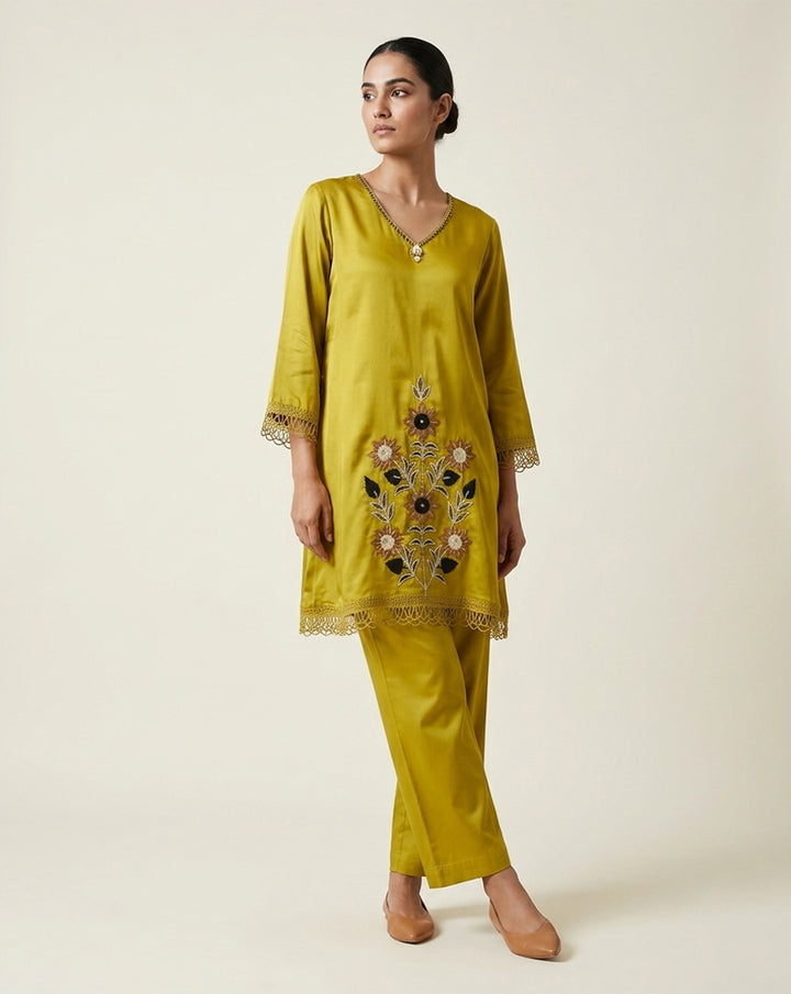 Chartreuse Green "Botanical" Embroidered Cotton Kurta &amp; Pant Set