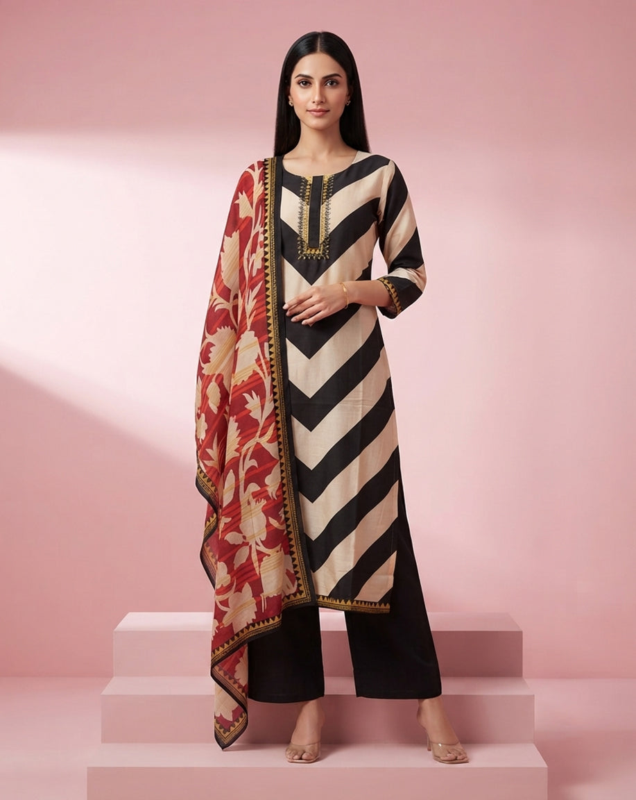 Monochrome "Chevron" Striped Kurta, Pant &amp; Red Floral Dupatta Ensemble