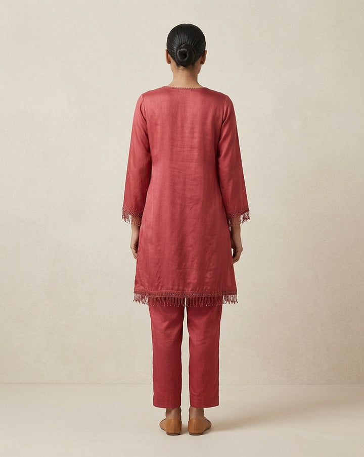 Coral Red "Botanical" Embroidered Cotton Kurta &amp; Pant Set