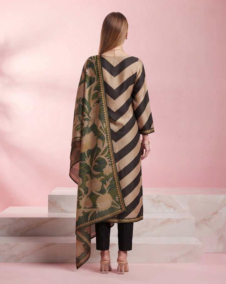 Monochrome "Chevron" Striped Kurta, Pant &amp; Olive Floral Print Dupatta Ensemble