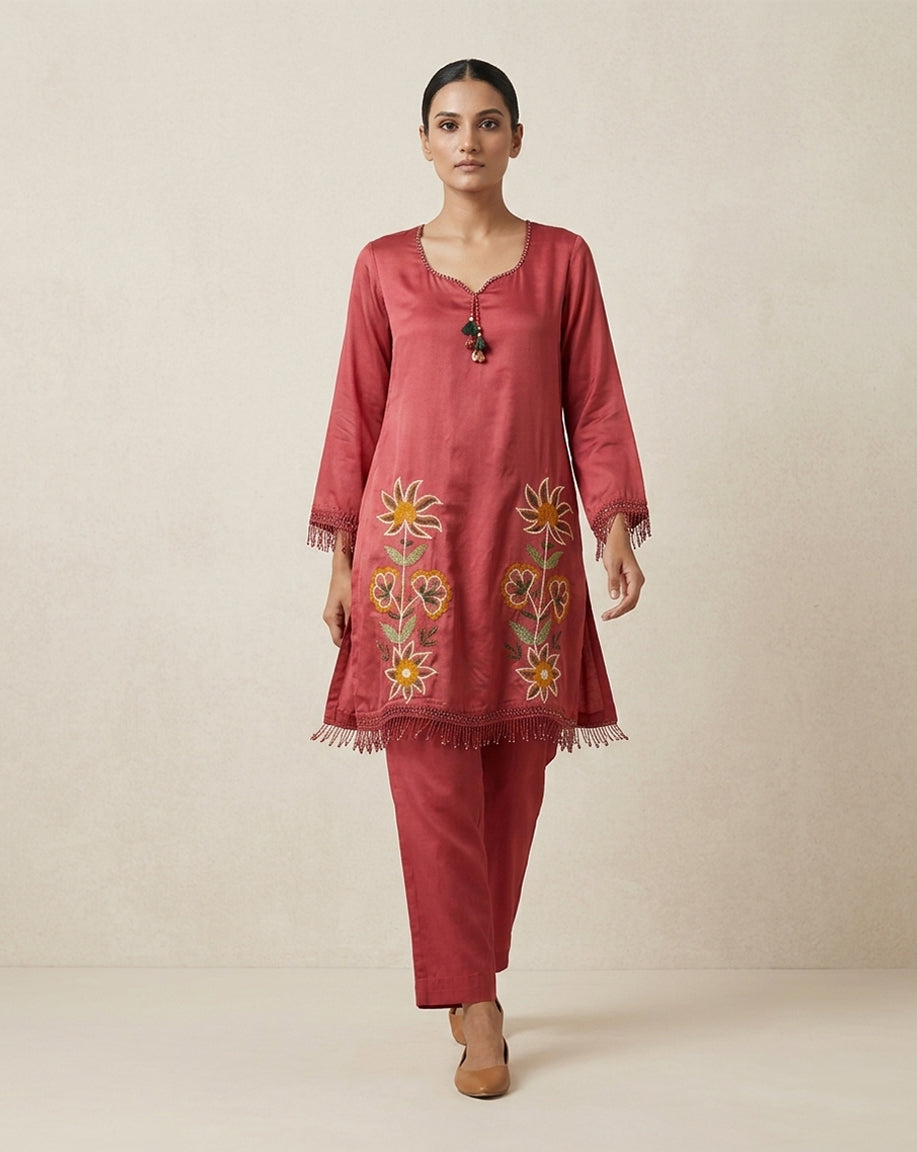 Coral Red "Botanical" Embroidered Cotton Kurta &amp; Pant Set