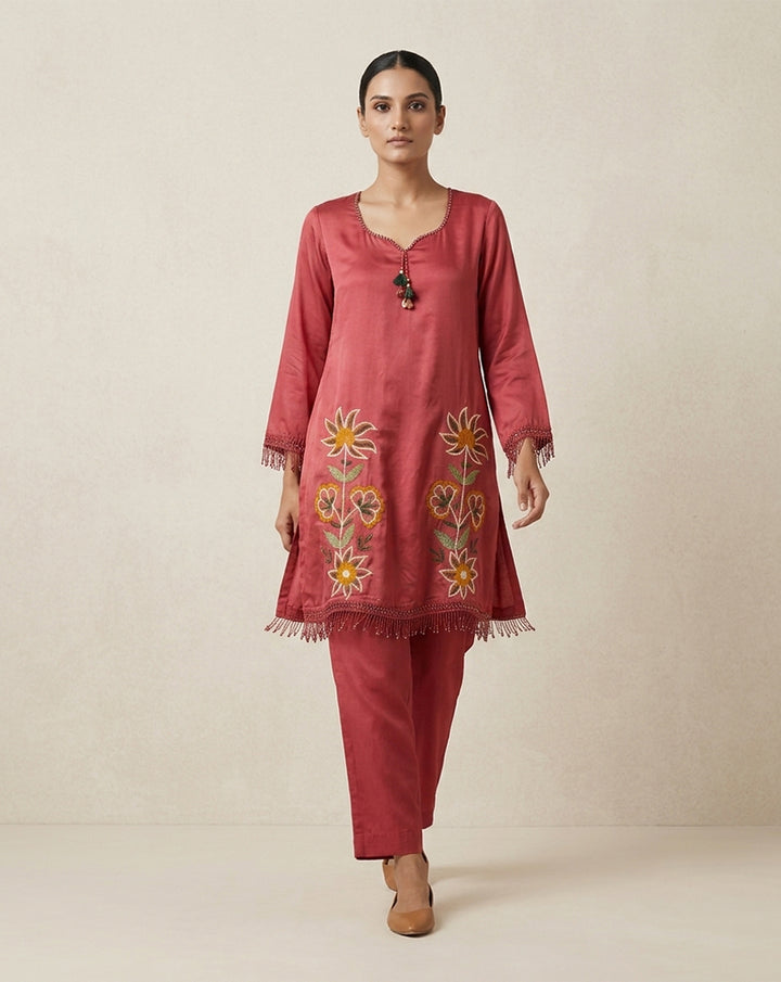 Coral Red "Botanical" Embroidered Cotton Kurta &amp; Pant Set