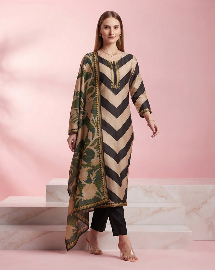 Monochrome "Chevron" Striped Kurta, Pant &amp; Olive Floral Print Dupatta Ensemble