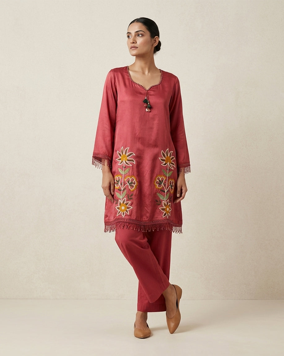 Coral Red "Botanical" Embroidered Cotton Kurta &amp; Pant Set