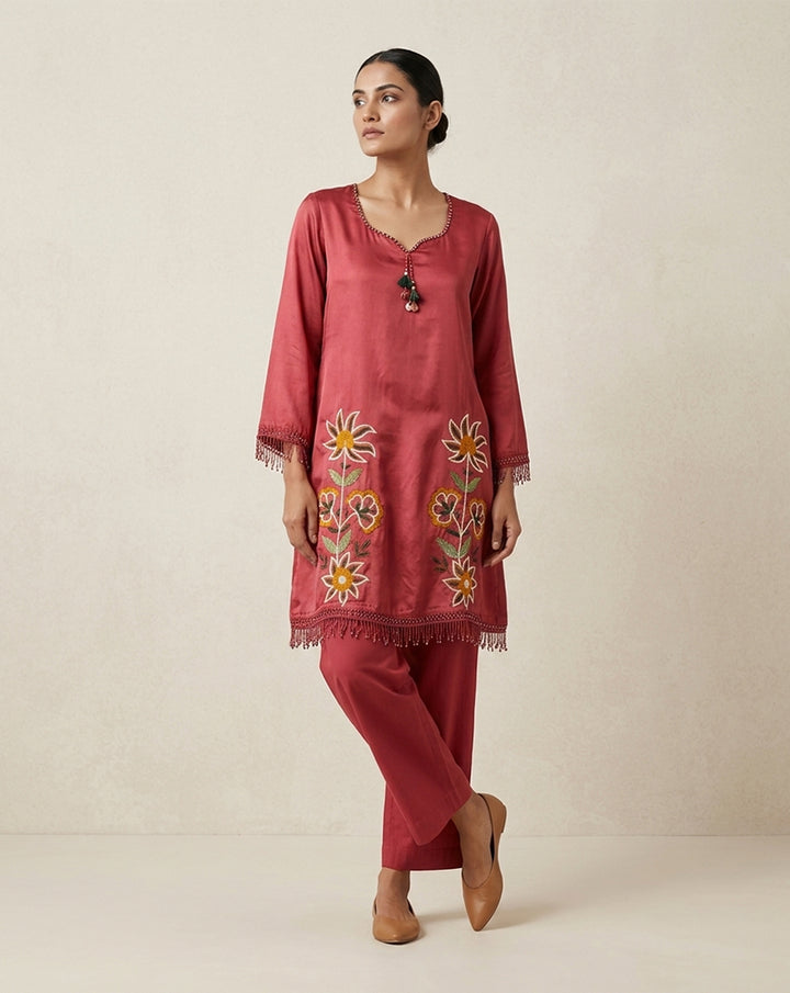 Coral Red "Botanical" Embroidered Cotton Kurta &amp; Pant Set