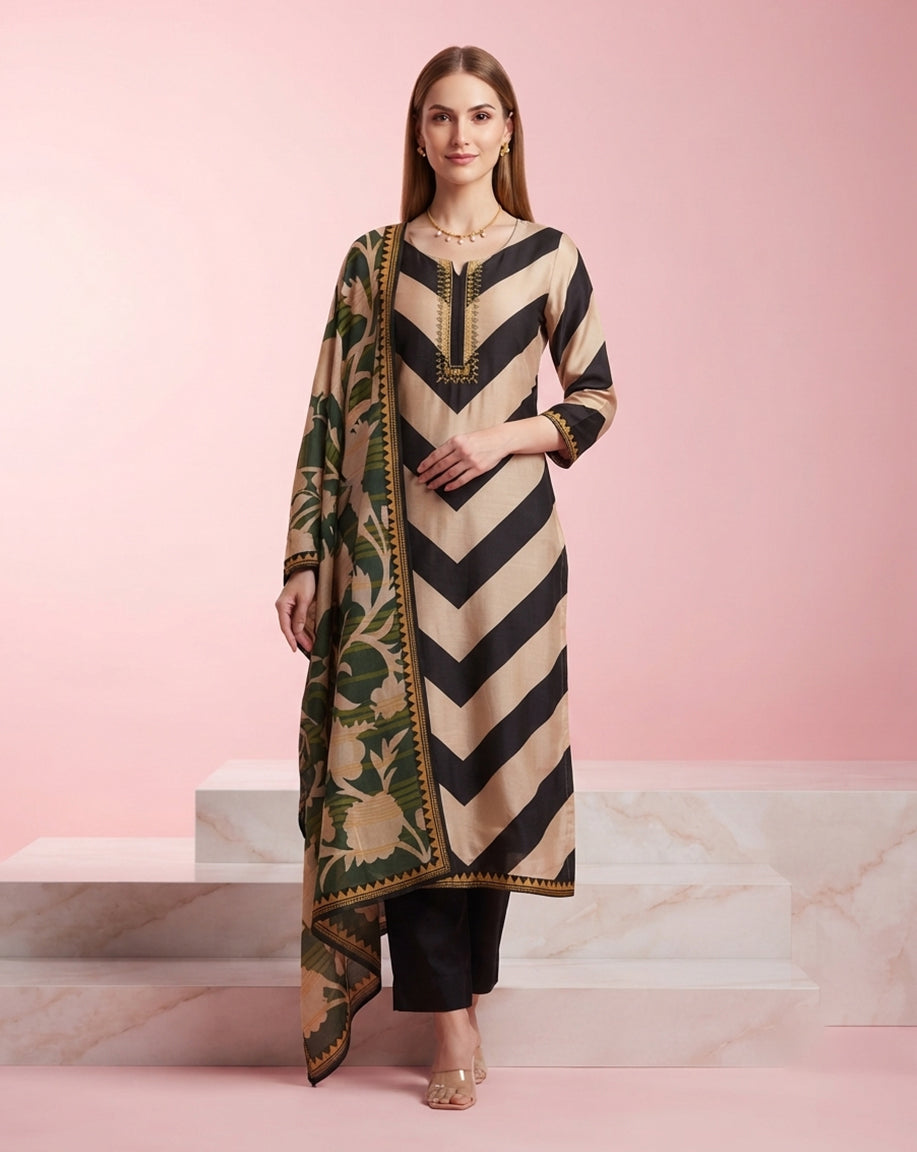Monochrome "Chevron" Striped Kurta, Pant &amp; Olive Floral Print Dupatta Ensemble