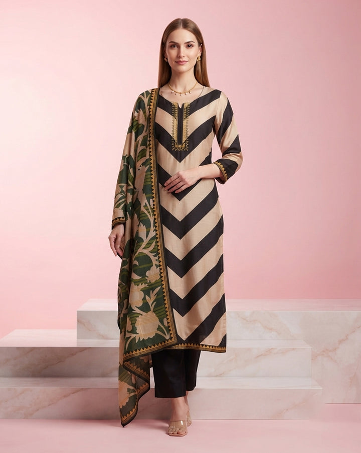 Monochrome "Chevron" Striped Kurta, Pant &amp; Olive Floral Print Dupatta Ensemble
