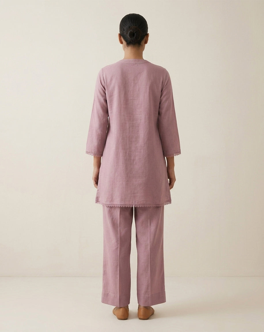 Mauve "Botanical" Embroidered Cotton Kurta &amp; Pant Set