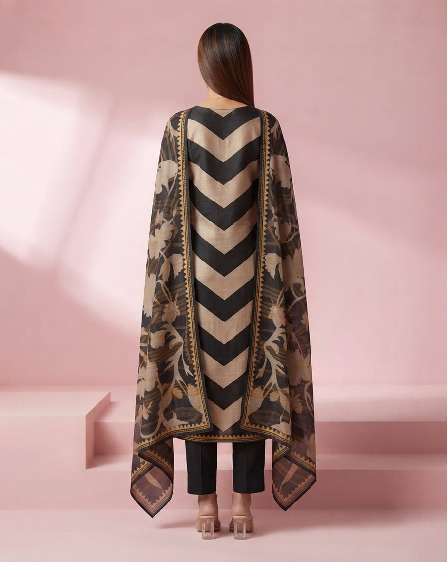 Monochrome "Chevron" Striped Kurta, Pant &amp; Floral Print Dupatta Ensemble