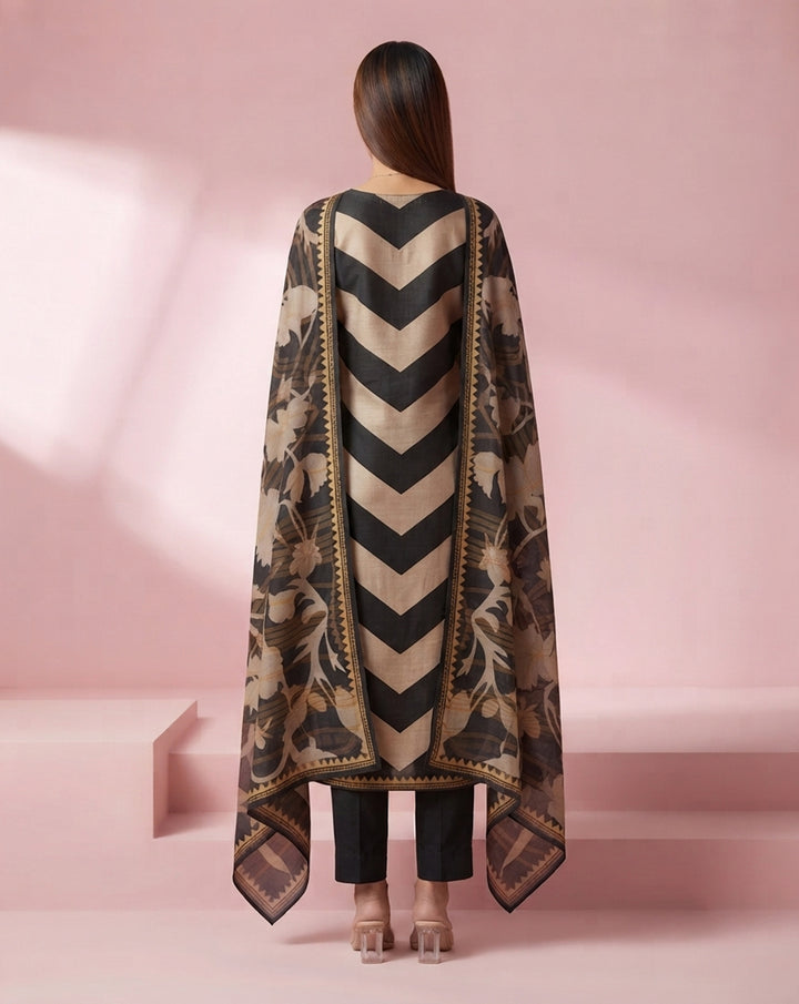 Monochrome "Chevron" Striped Kurta, Pant &amp; Floral Print Dupatta Ensemble