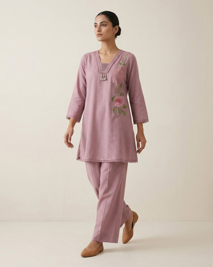 Mauve "Botanical" Embroidered Cotton Kurta &amp; Pant Set