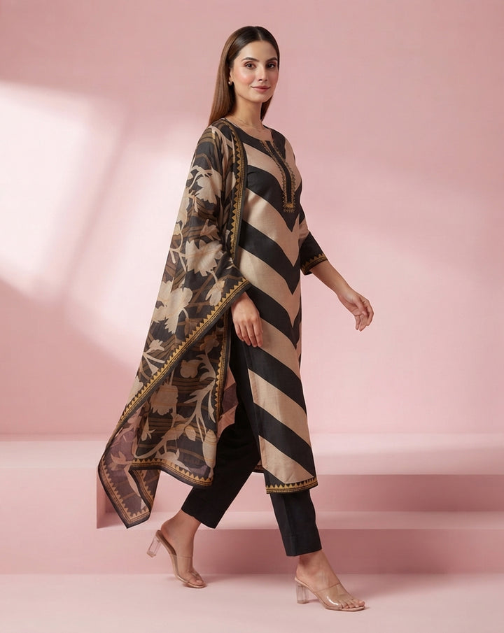 Monochrome "Chevron" Striped Kurta, Pant &amp; Floral Print Dupatta Ensemble