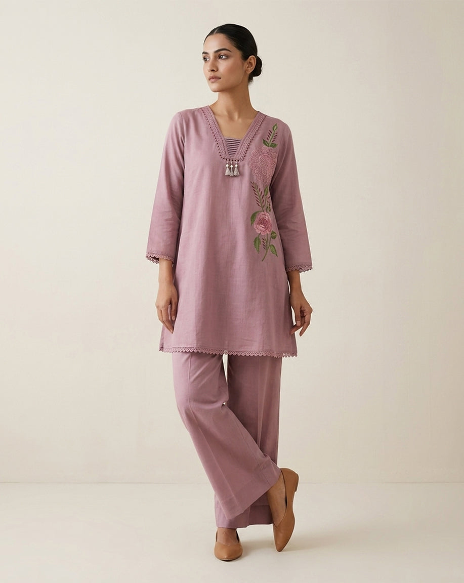 Mauve "Botanical" Embroidered Cotton Kurta &amp; Pant Set