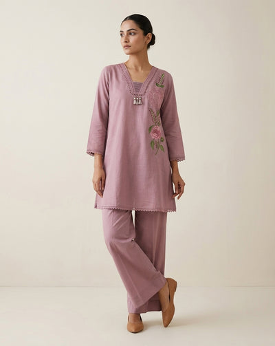 Mauve "Botanical" Embroidered Cotton Kurta & Pant Set